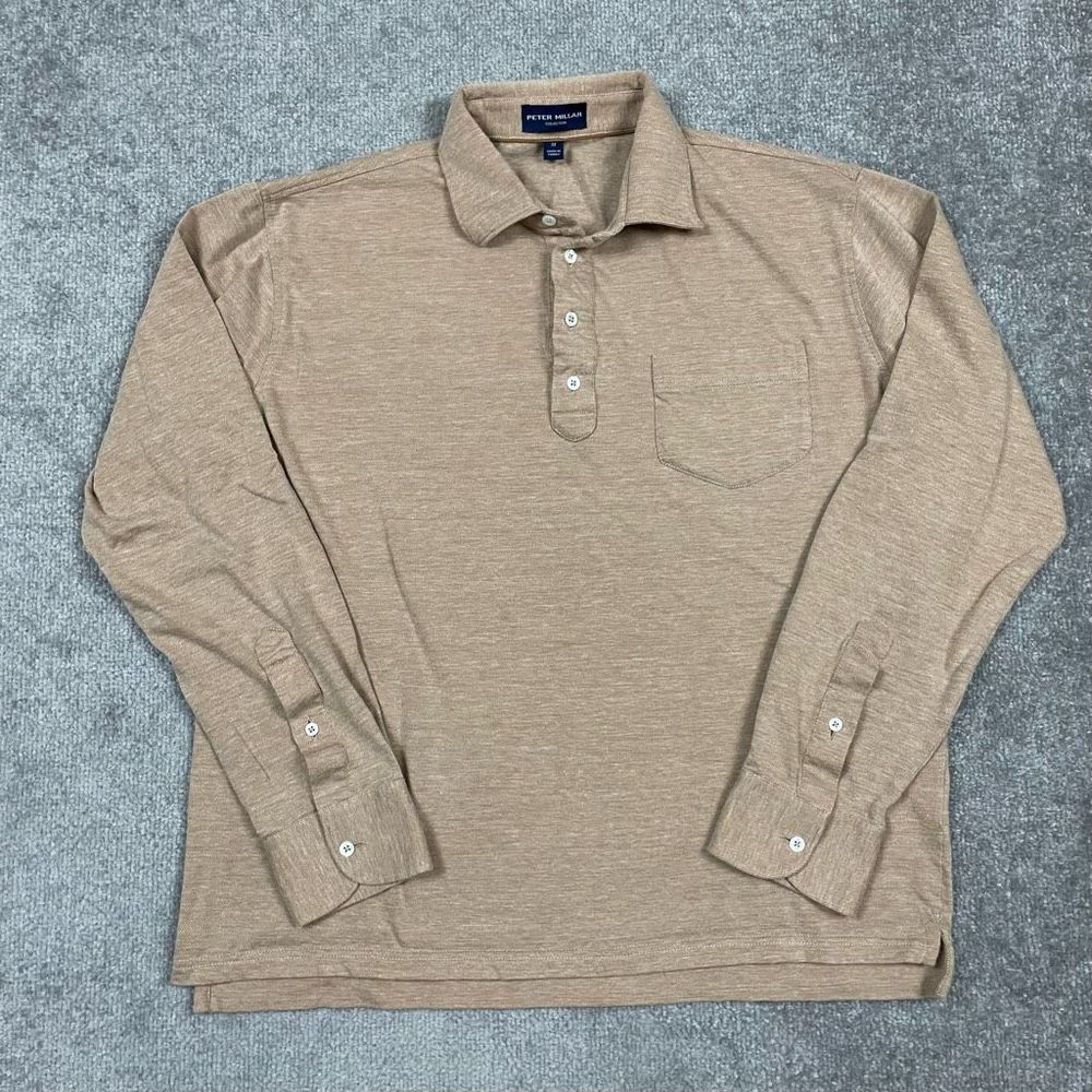 Peter Millar Collection Brown Long Sleeve Golf Polo Shirt Collared Button Down M
